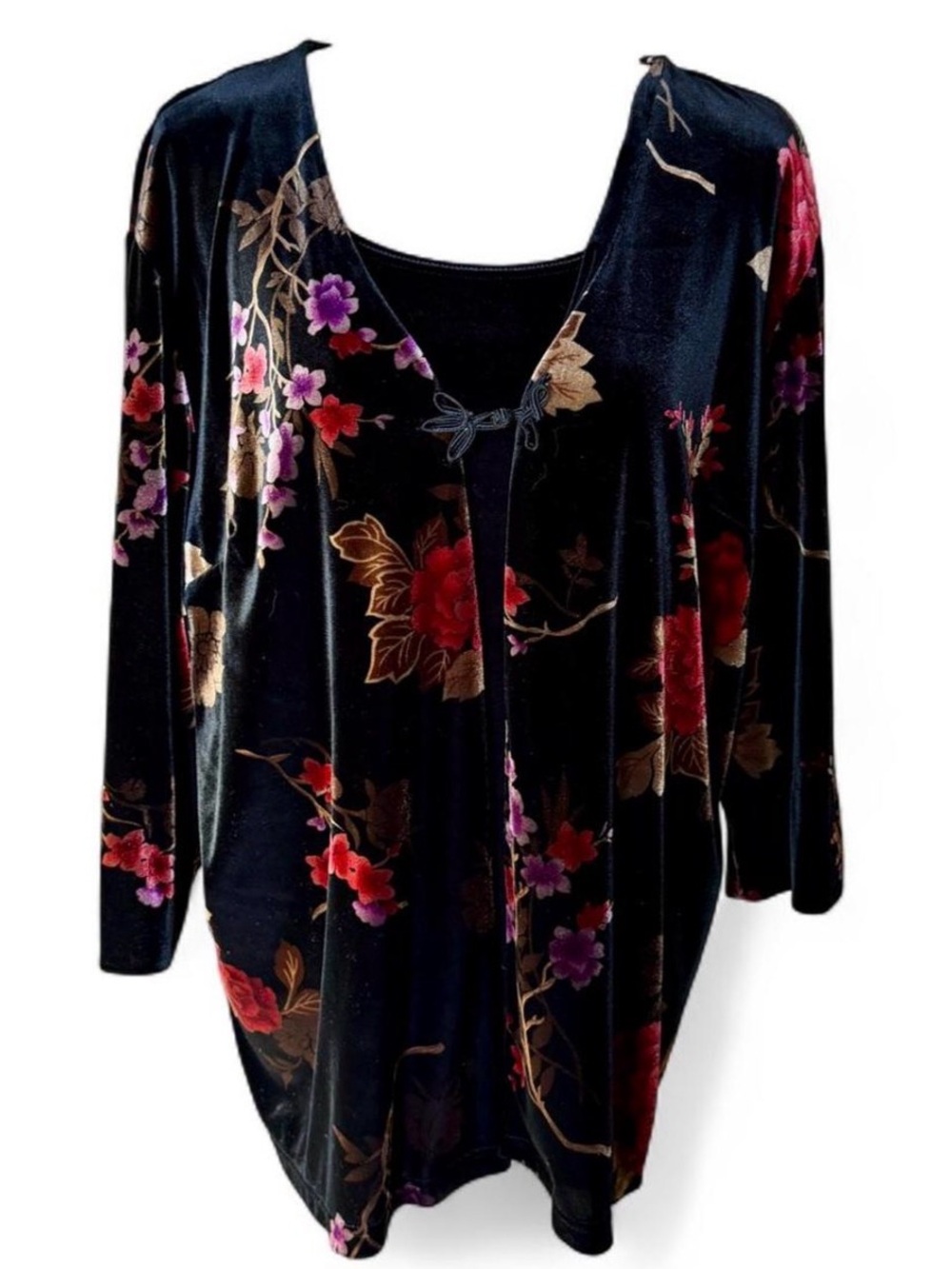 Laura Scott Y2K Black Floral Velvet Long Sleeve Cardigan & Tank Set Size 16/18W